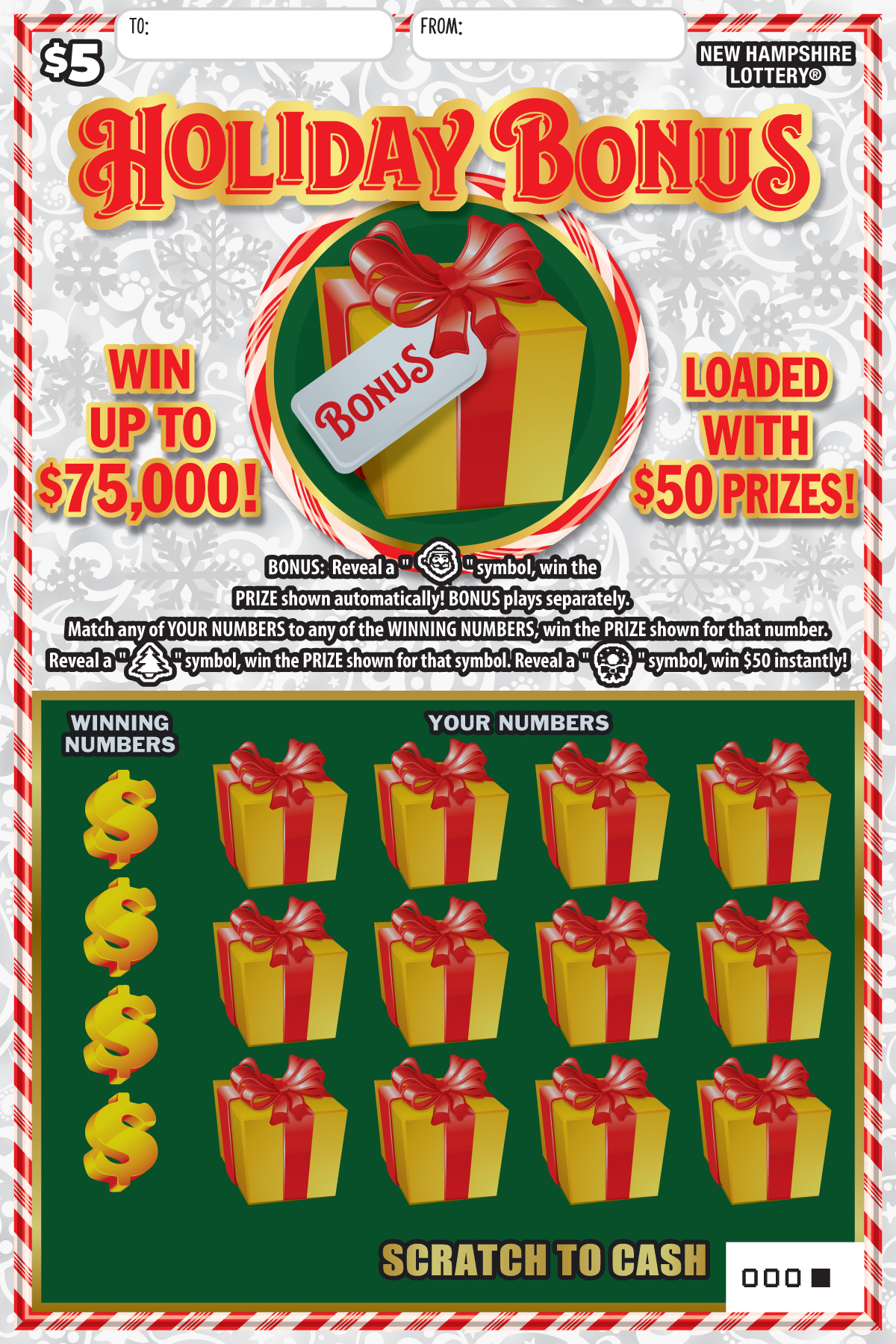 Holiday Bonus scratch ticket from New Hampshire Lottery