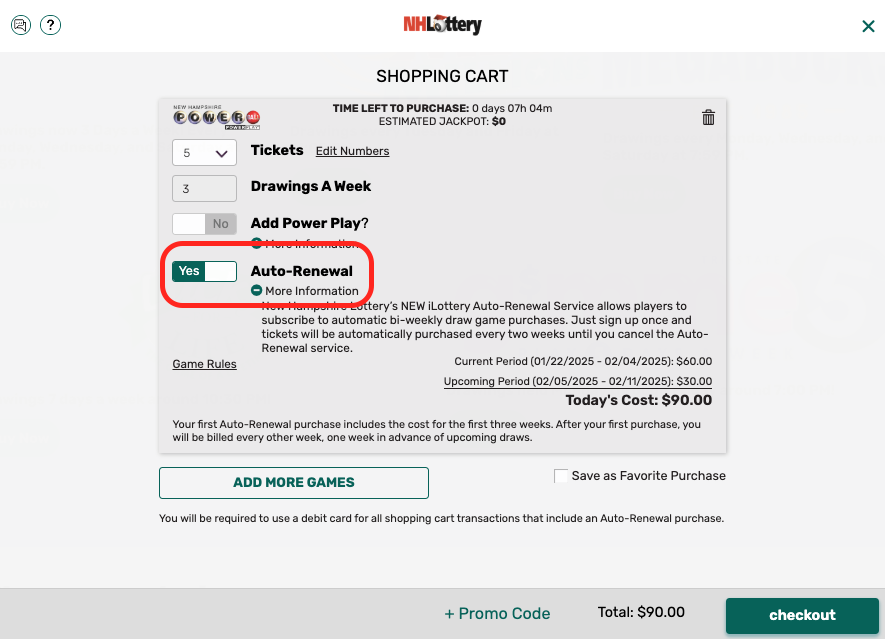 Step 5. Click the button in the Shopping Cart next to “Auto-Renewal” to display the word “YES”. Click “CHECKOUT” to complete your purchase. NOTE: Your first purchase will include three weeks’ worth of draws.