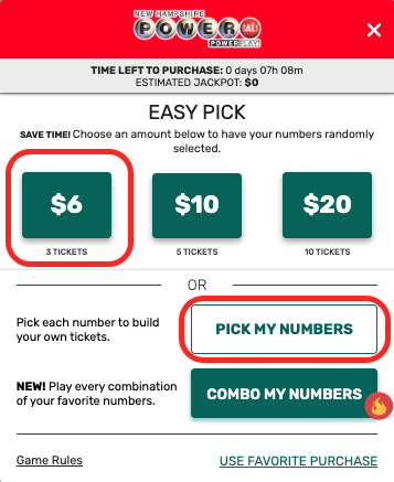 Step 2. Select the number of tickets you would like to purchase using Pick My Numbers or Easy Pick