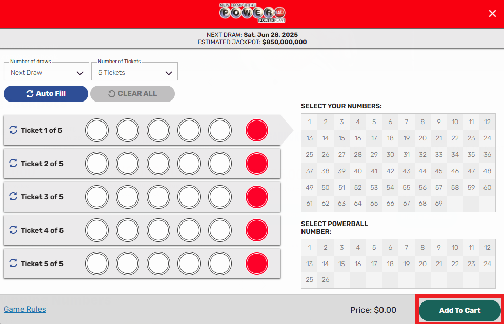 Step 3. With “PICK MY NUMBERS” , you can choose your own lucky numbers and choose the number of tickets that you'd like to play. Then click the “ADD TO CART” button.