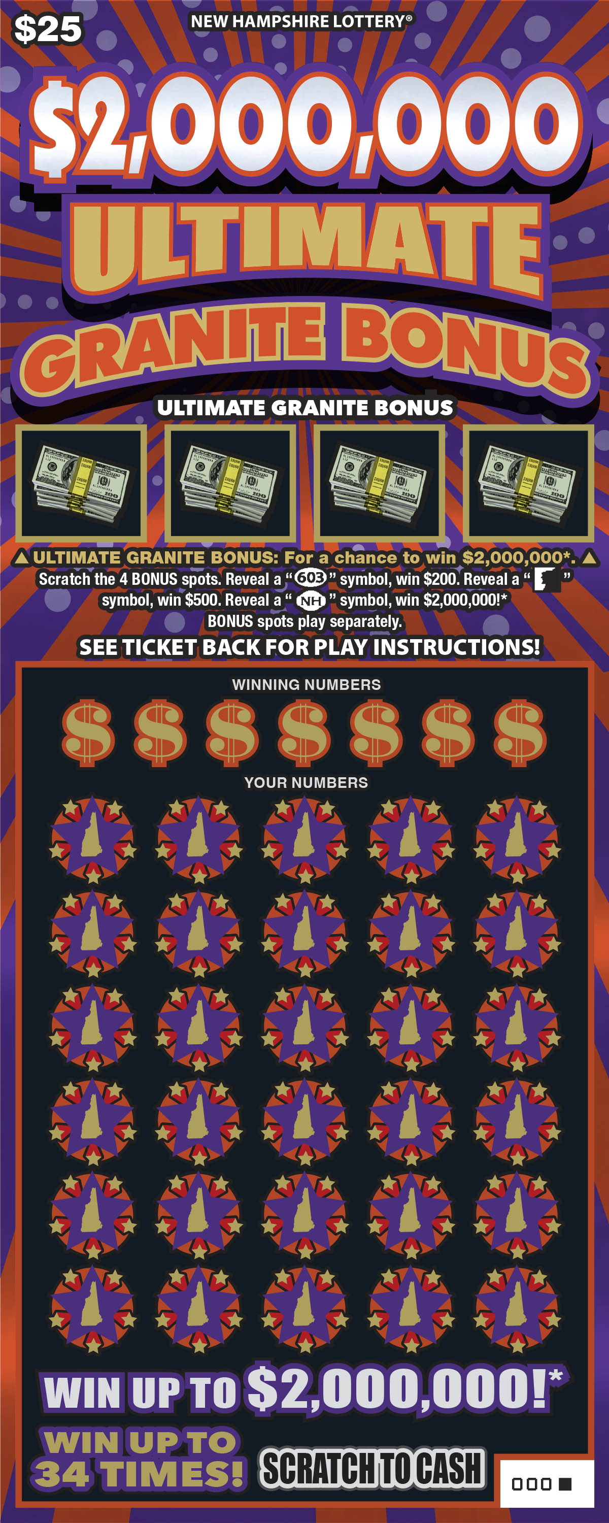 $2 Million Ultimate Granite Bonus scratch ticket from New Hampshire Lottery