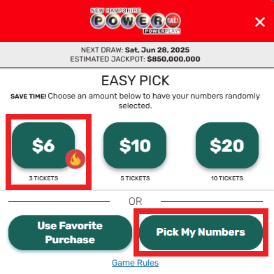 Step 2. Select the number of tickets you would like to purchase using Pick My Numbers or Easy Pick