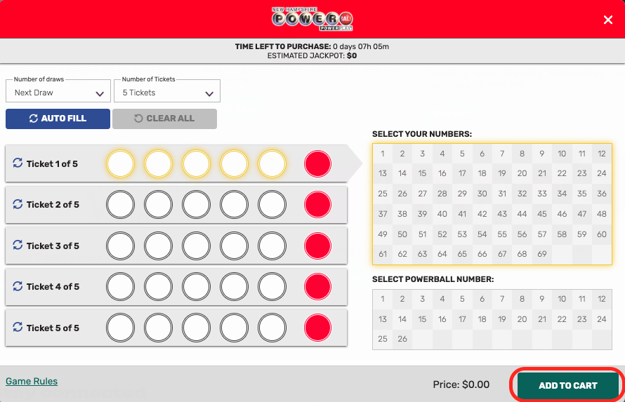 Step 3. With “PICK MY NUMBERS” , you can choose your own lucky numbers and choose the number of tickets that you'd like to play. Then click the “ADD TO CART” button.