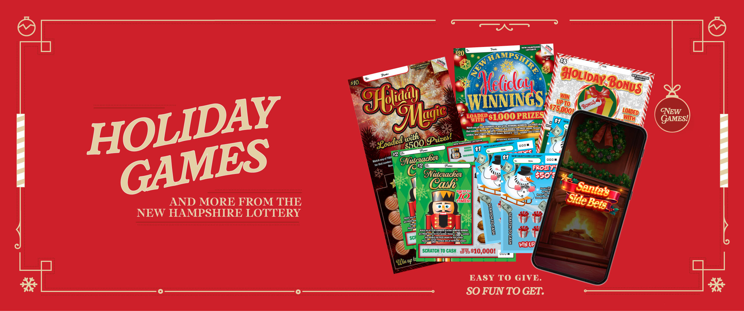 A collection of holiday scratch tickets on a red background