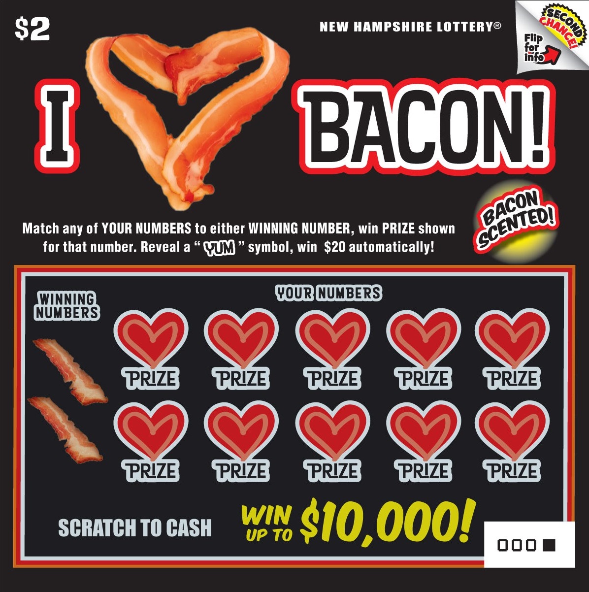 I Heart Bacon scratch ticket from New Hampshire Lottery