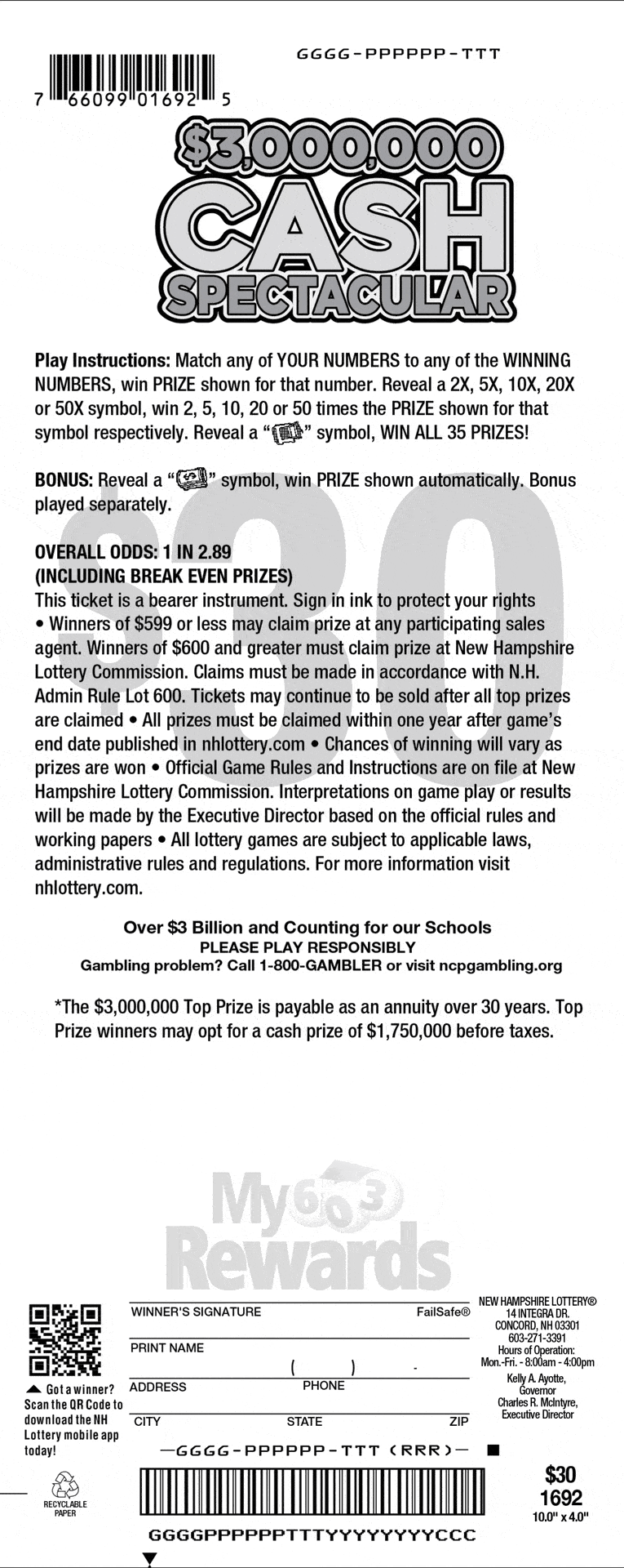 $3,000,000 Cash Spectacular scratch ticket from New Hampshire Lottery