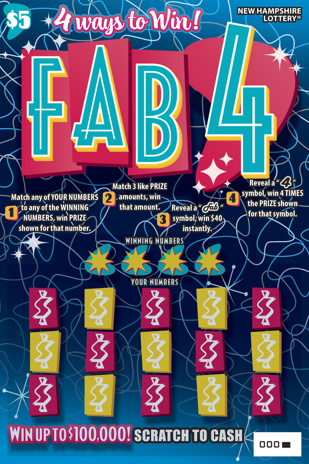 Fab 4 scratch ticket from New Hampshire Lottery