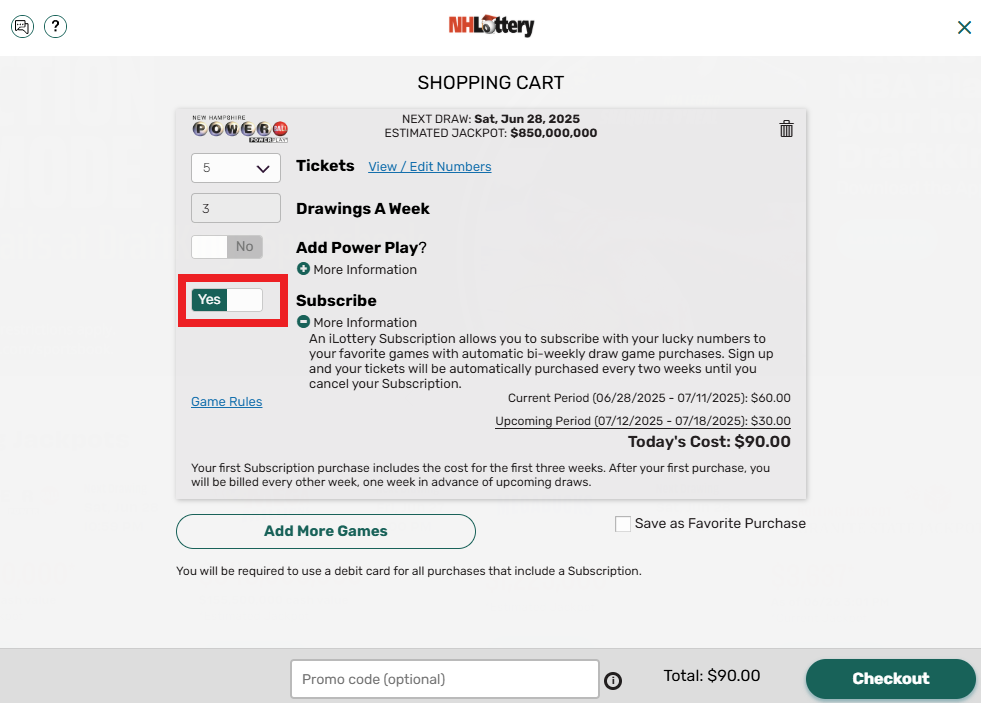 Step 5. Click the button in the Shopping Cart next to “Auto-Renewal” to display the word “YES”. Click “CHECKOUT” to complete your purchase. NOTE: Your first purchase will include three weeks’ worth of draws.