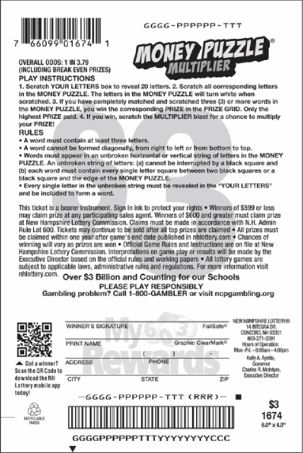Money Puzzle Multiplier scratch ticket from New Hampshire Lottery