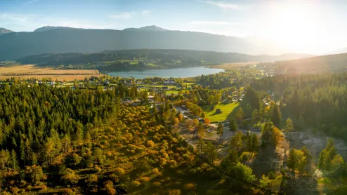 EuroParcs Pressegger See drone shot of the lake in autumn