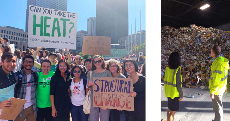 Left: Michelle Wu at a climate change rally surrounded by youth activists. Right: Michelle Wu tours warehouse of refuse with sanitation worker.