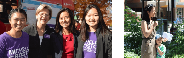 Left: Michelle Wu and Senator Elizabeth Warren join two Wu volunteers by a food truck. Right: Michelle Wu delivers a speech in a Boston park with her son at her knee.
