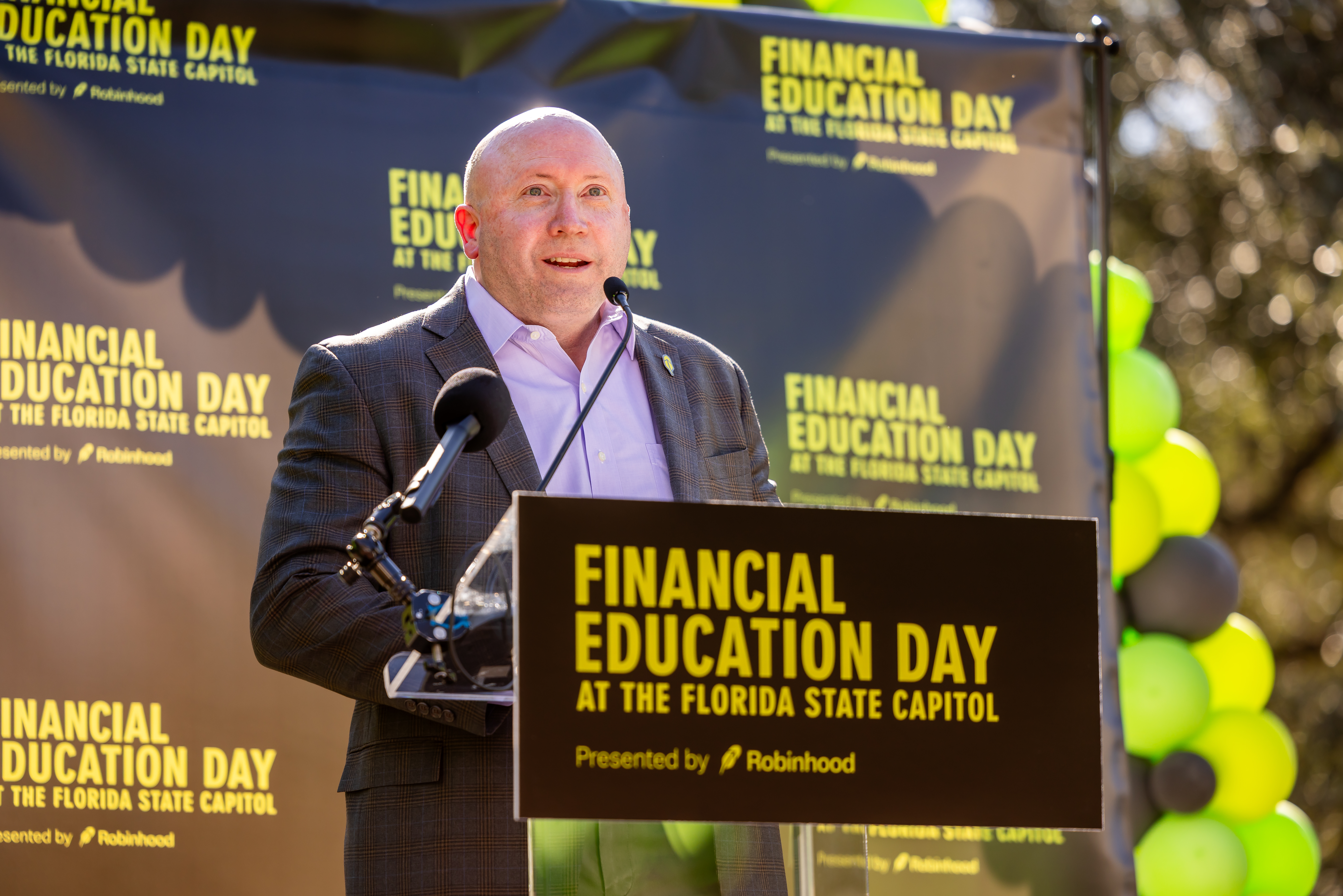 Matt Billings, Vice President of Brokerage at Robinhood Markets and President of Robinhood Financial and Robinhood Securities, speaks at educational event in Tallahassee, FL