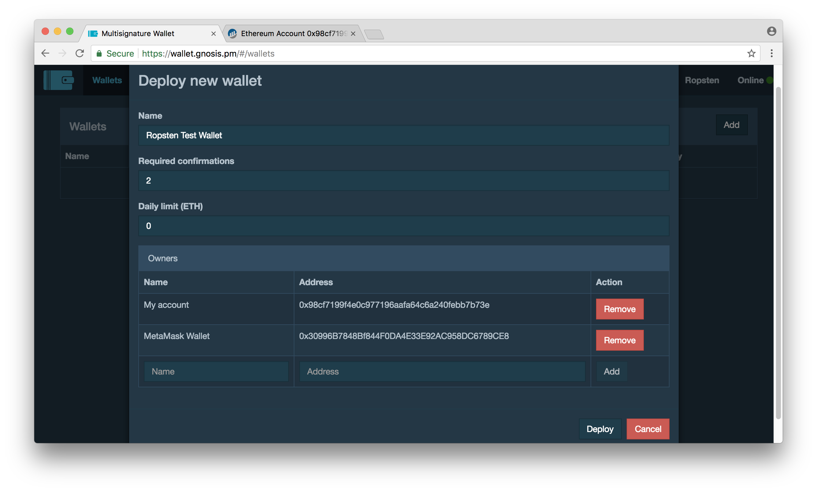 Early user interface of the original Gnosis Multi-signature Wallet in 2017.