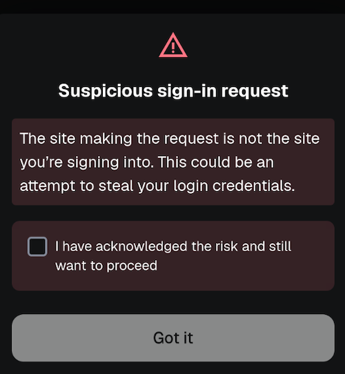 Wallet warning of a potential phishing attempt