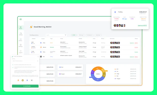 Mohin dashboard showing treasury actions, pending transactions list, signer avatars, and a portfolio donut chart of multisig balances