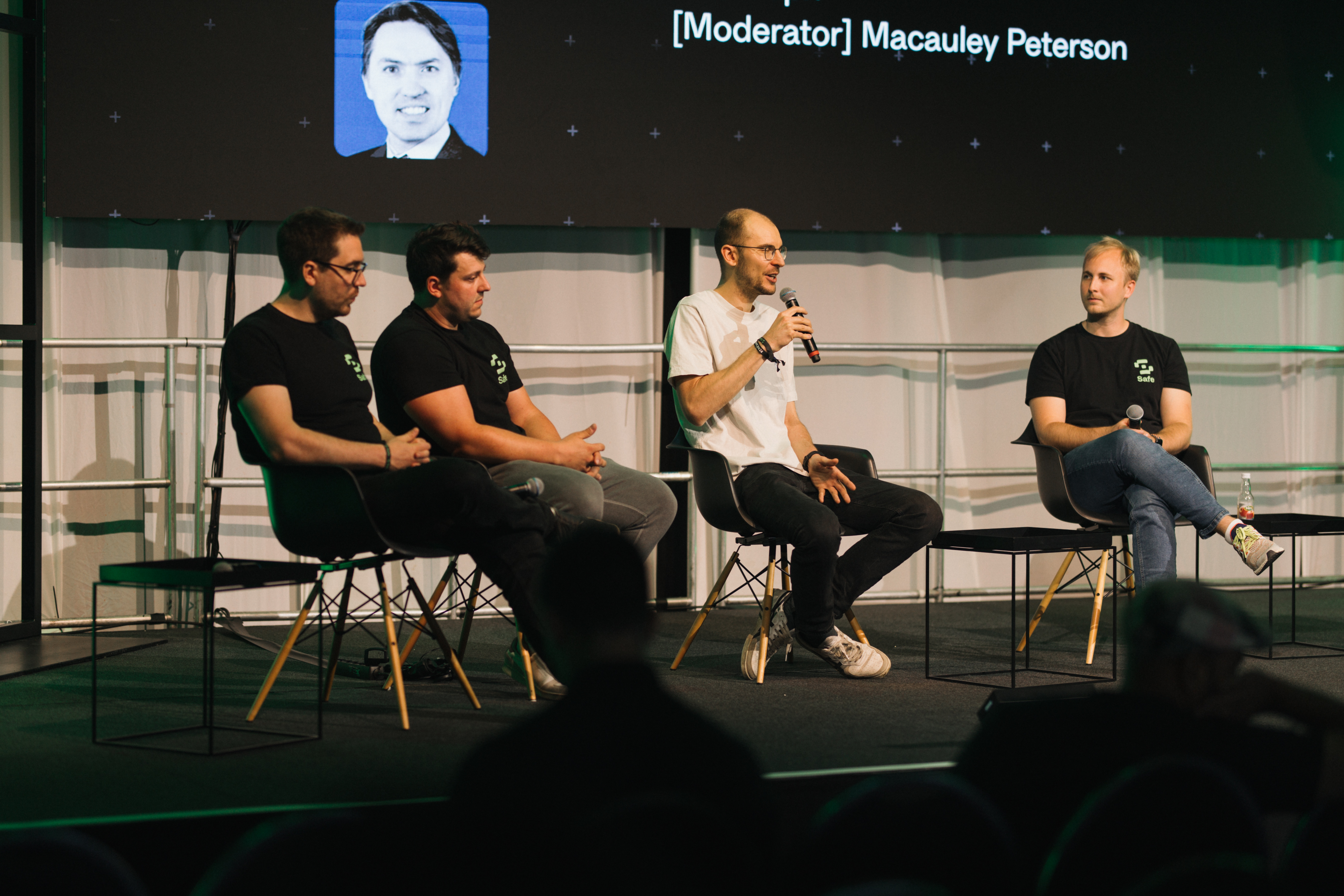 Richard Meissner, Christoph Simmchen, Tobias Schubotz, and Lukas Schor on stage talking about the Future of Safe, Moderated by Blockworks Macauley Peterson
