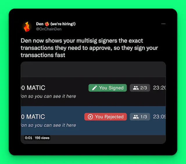 Tweet from Den announcing that the multisig signer view now shows exact transactions for faster signing