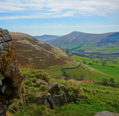 Edale Valley, Peak District. Views of the fields and mountains from The Nab