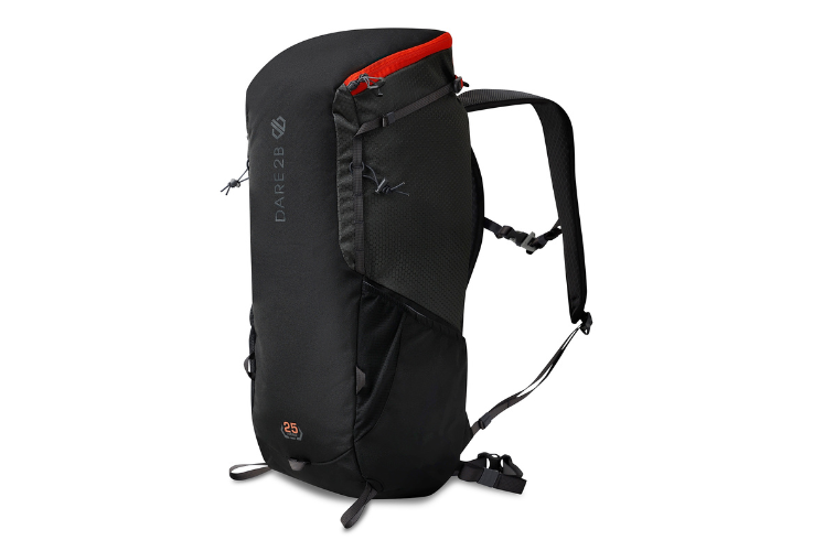 Black hiking backpack with red trim from dare 2b