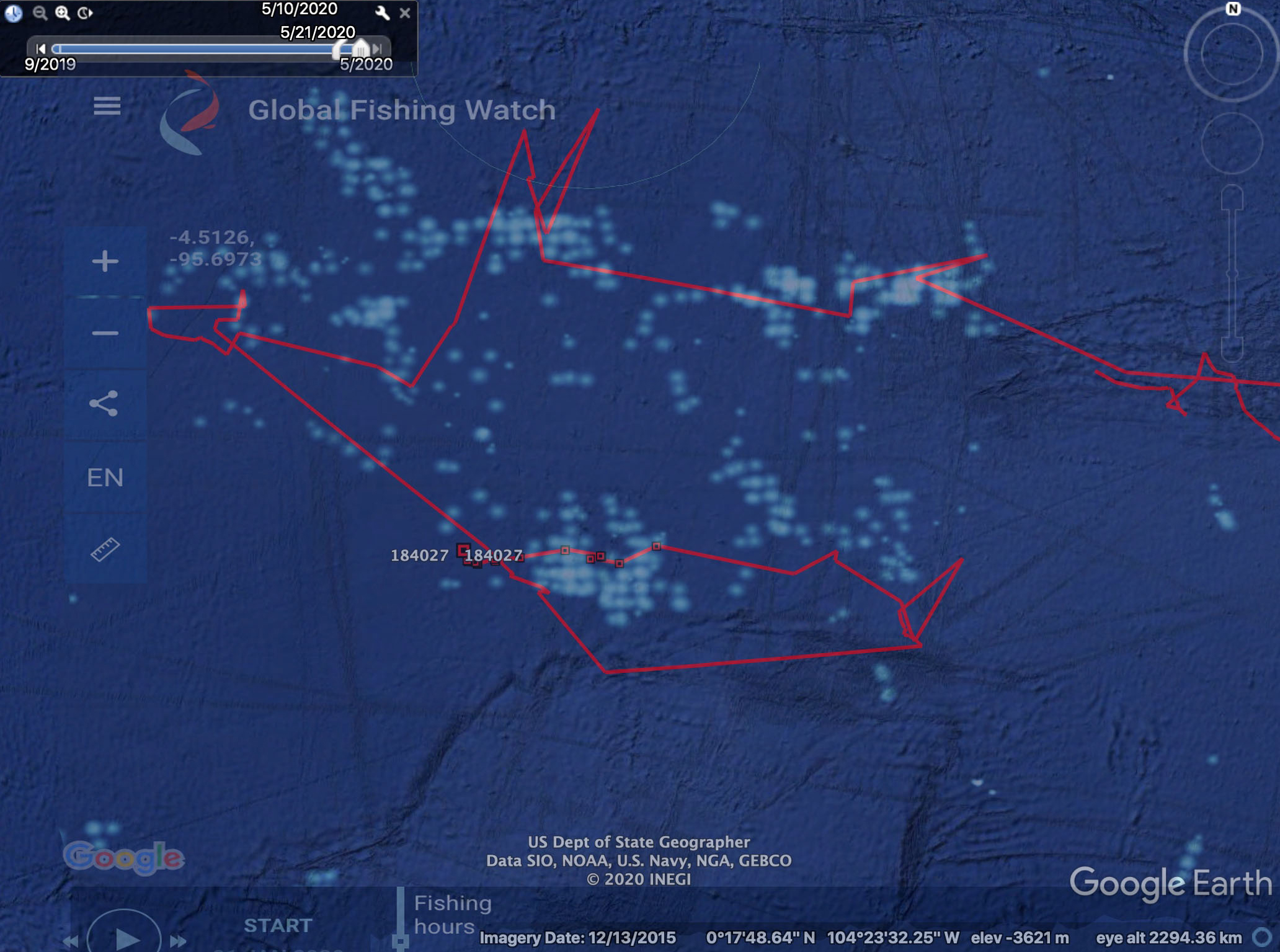 Hope’s route between September 2019 and May 2020 superimposed over Global Fishing Watch data © Sofia Green.