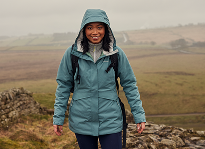 Woman in Waterproof jacket hiking