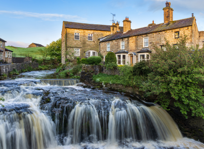 Waterfall on Gayle Beck in the centre of the Yorkshire Dales town of Hawes, Wensleydale.