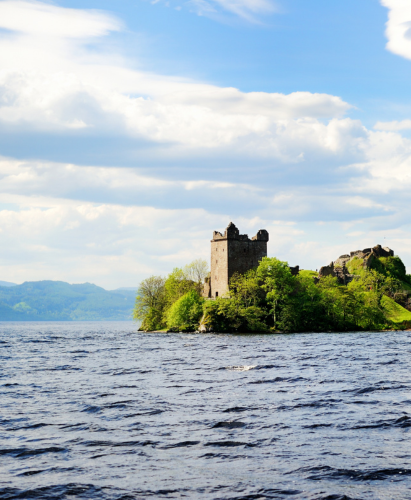 Urquhart Castle, located on the shores of Loch Ness in the Scottish Highlands.