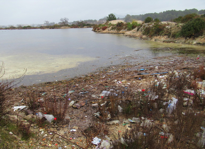 Litter covered beach