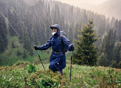 Man in Waterproof jacket hiking