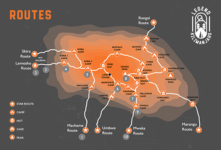 Image showing the different routes on Kilimanjaro