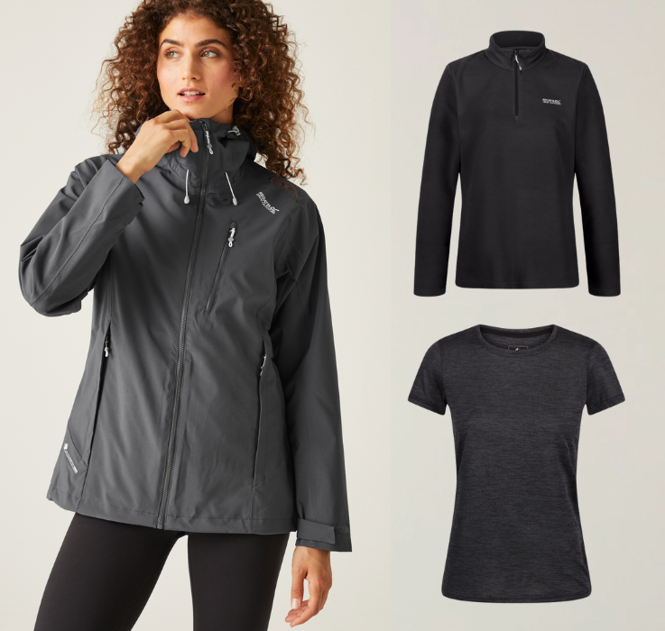 Women's Autumn Outfit 2 - A black waterproof jacket, fleece and t-shirt