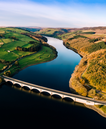 Aerial Panorama of Ladybower Reservoir, in the Peak District National Park.