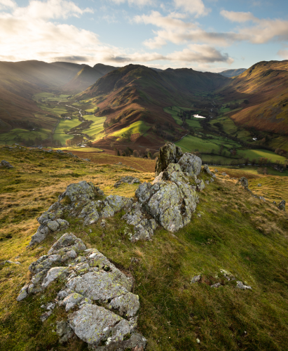 Dramatic morning light in Martindale Valley taken from Hallin Fell, Lake District, UK.