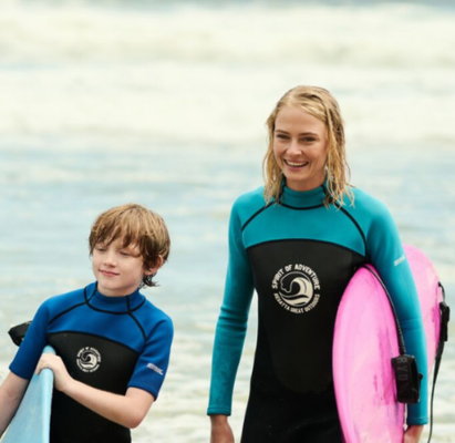 a family surfing