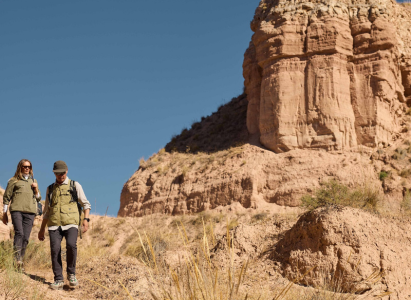 Walking down rocky hills in the high heat