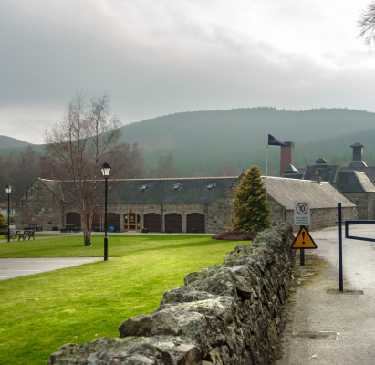 Lochnagar Distillery buildings in Royal Deeside near Ballater. Cairngorms National Park