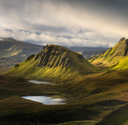 Breathtaking panoramic view taken at The Quiraing on the Isle of Skye, Scotland