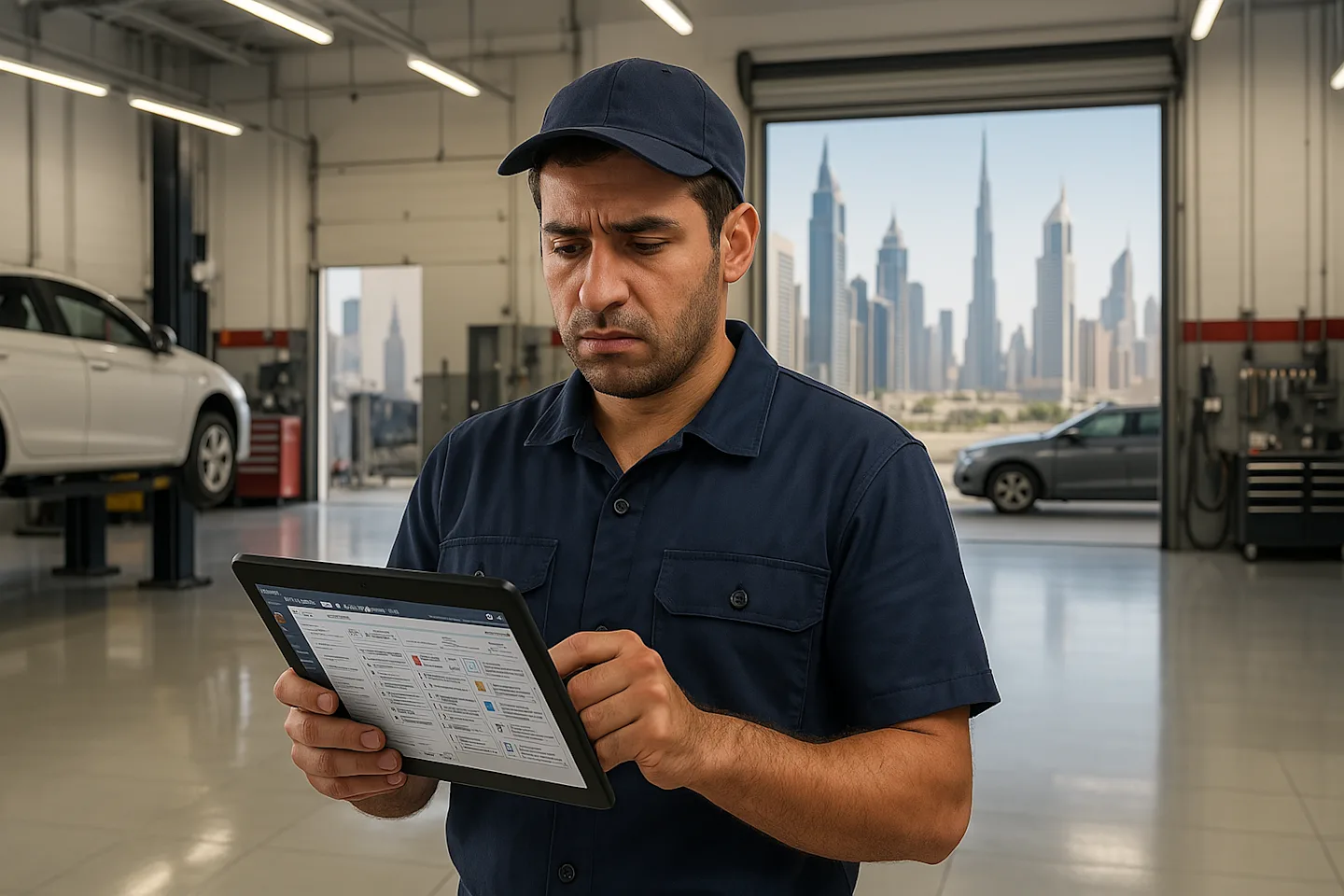 Technician in modern UAE garage looks frustrated using complex workshop software on a tablet, symbolizing how unsuitable systems hold back GCC auto repair businesses.