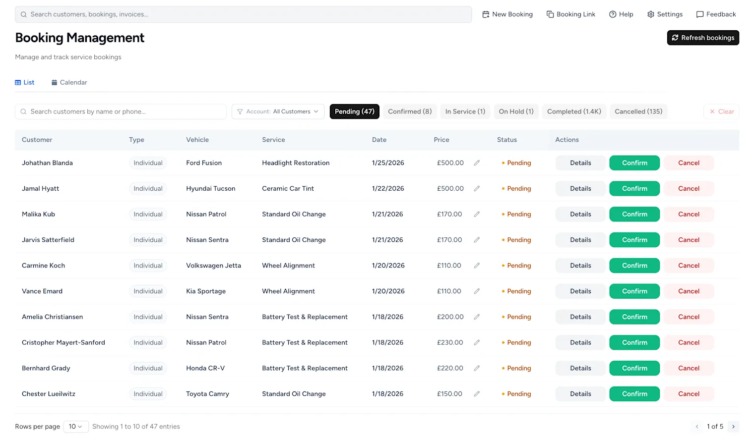 autoGMS Booking Management – List View dashboard (shows Pending, Confirmed, In Service tabs and action buttons)