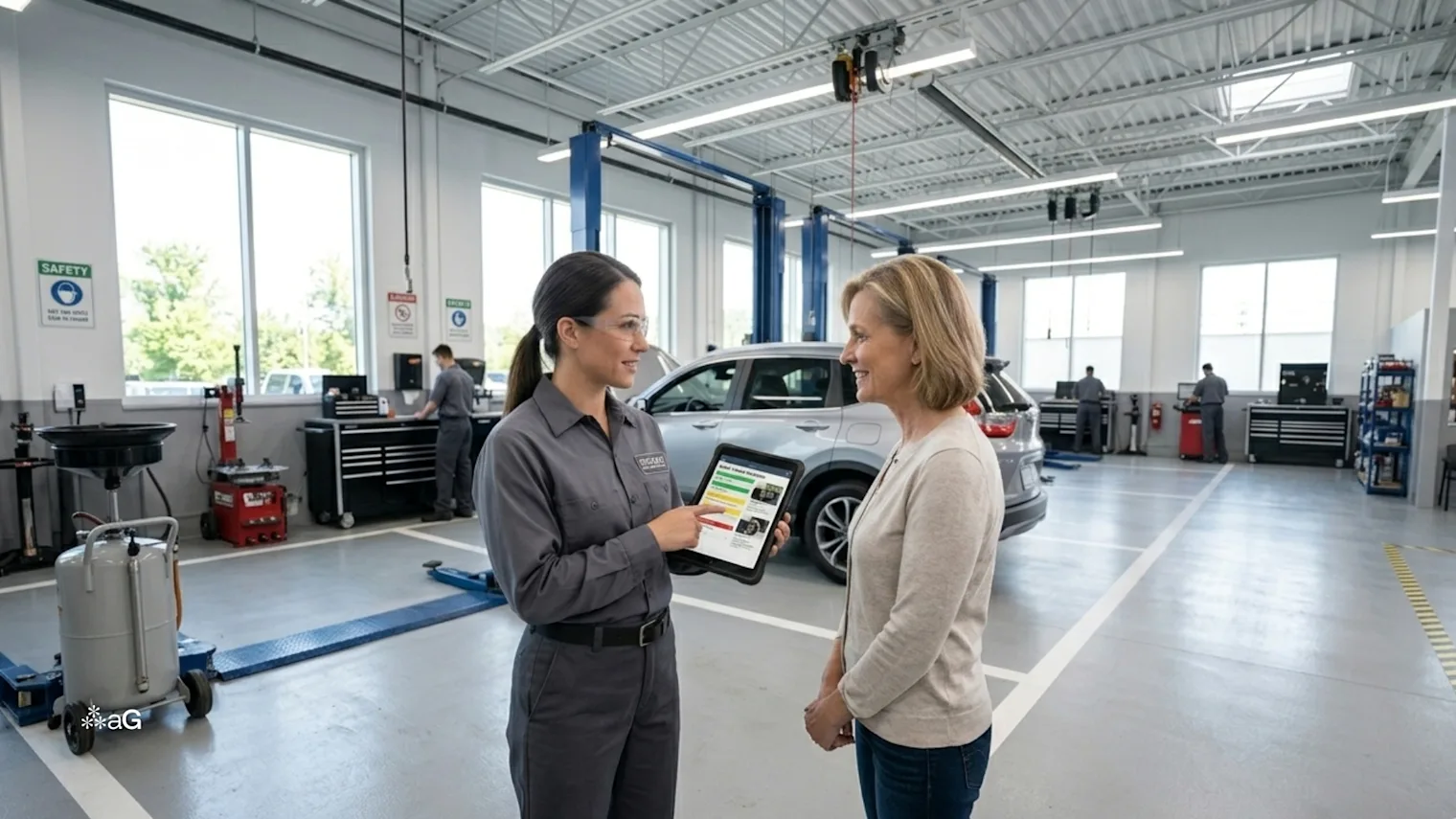 Mechanic providing expert car repair seo services and customer consultation