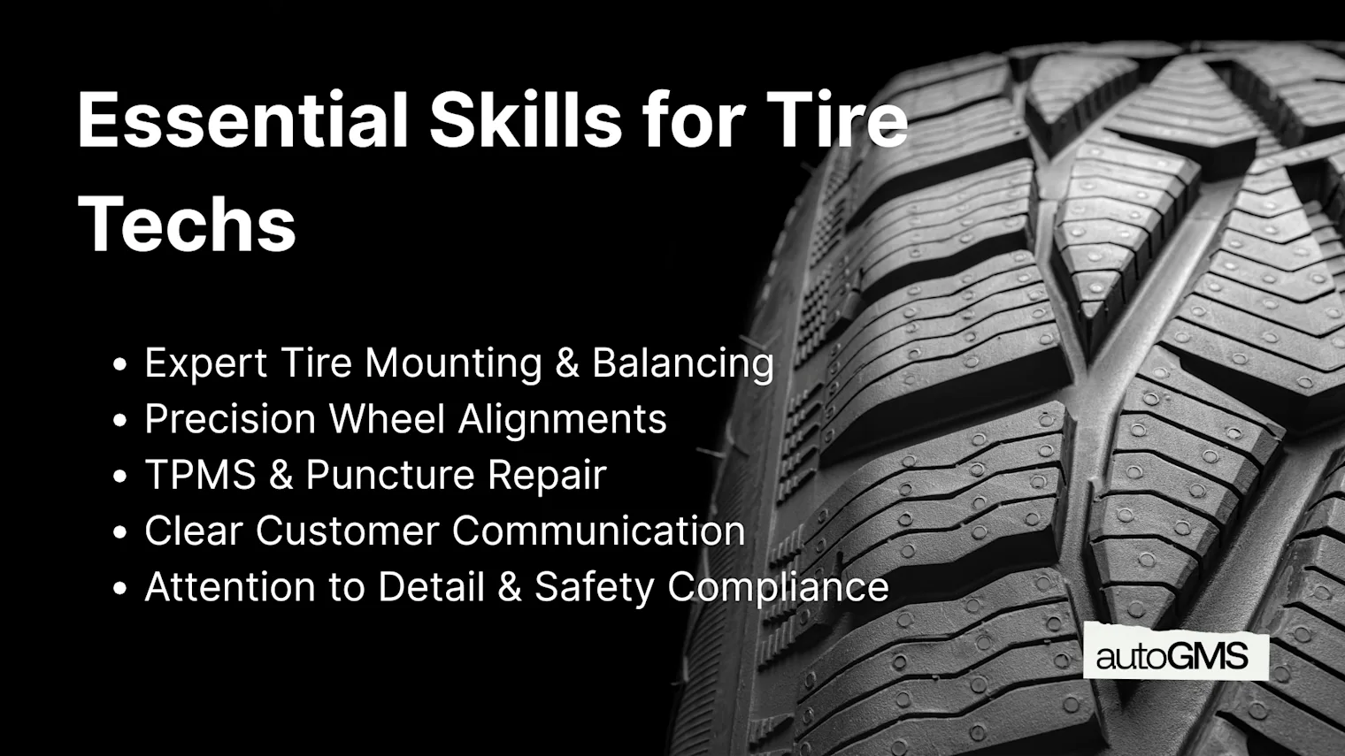 Here are 5 concise bullet points you can use for your Canva graphic on Essential Skills for Tire Techs:

Expert Tire Mounting & Balancing

Precision Wheel Alignments

TPMS & Puncture Repair

Clear Customer Communication

Attention to Detail & Safety Compliance