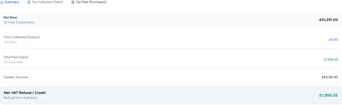 The Summary tab gives a clear high-level overview of your VAT position for the selected period.