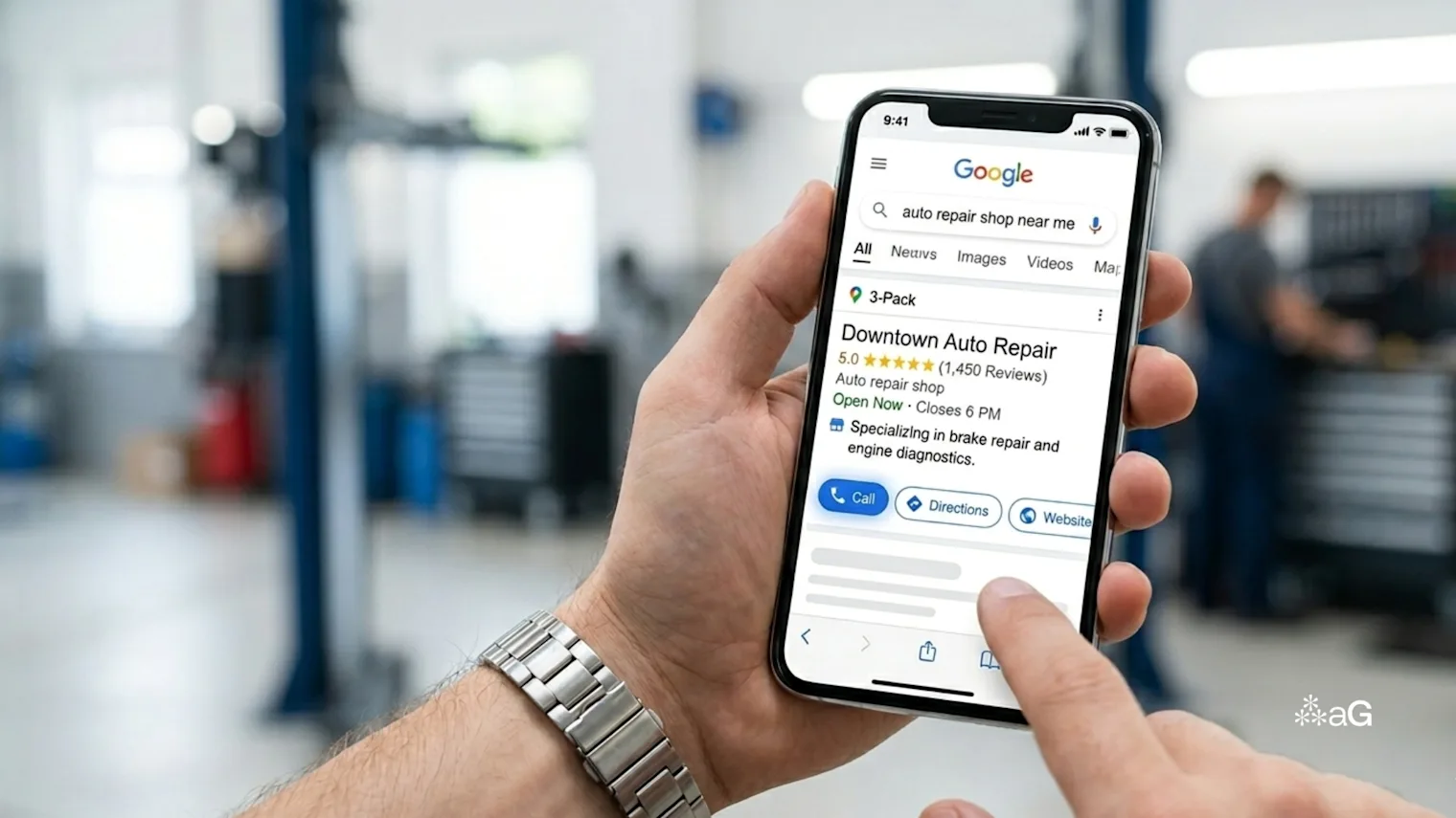 Smartphone screen showing local seo for auto repair shops in Google Maps search results