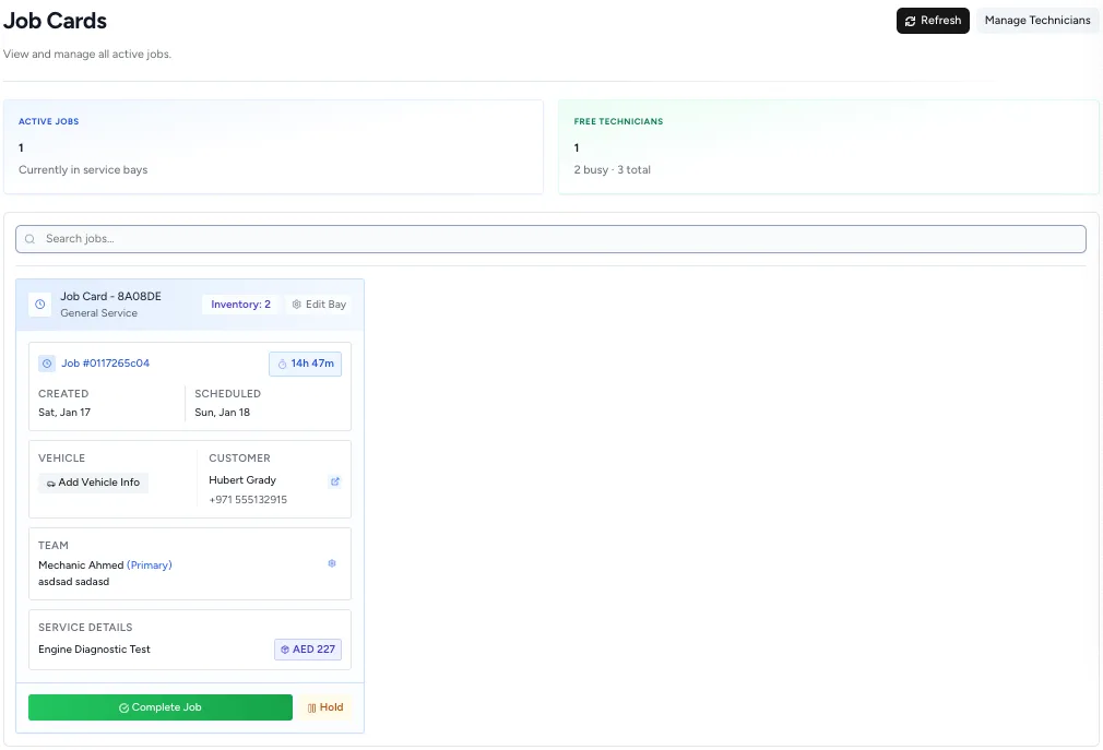 Job Cards dashboard showing active jobs, job status, assigned technicians, and real-time workshop scheduling.