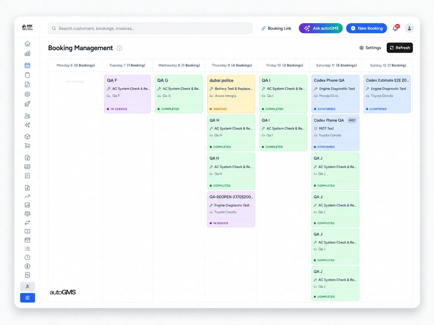 autoGMS booking management calendar showing repair appointments and job statuses