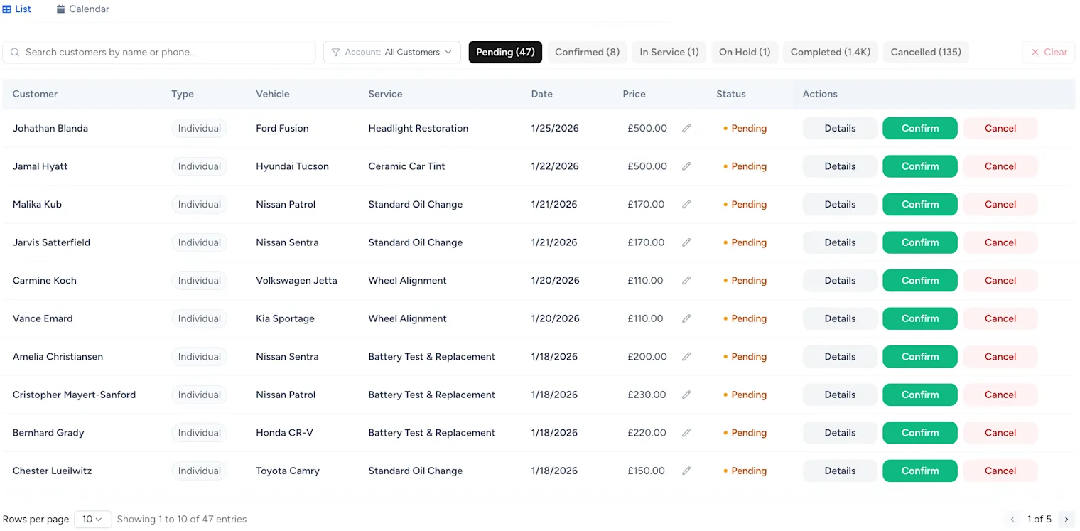 autoGMS Booking Management – List View with Pending bookings