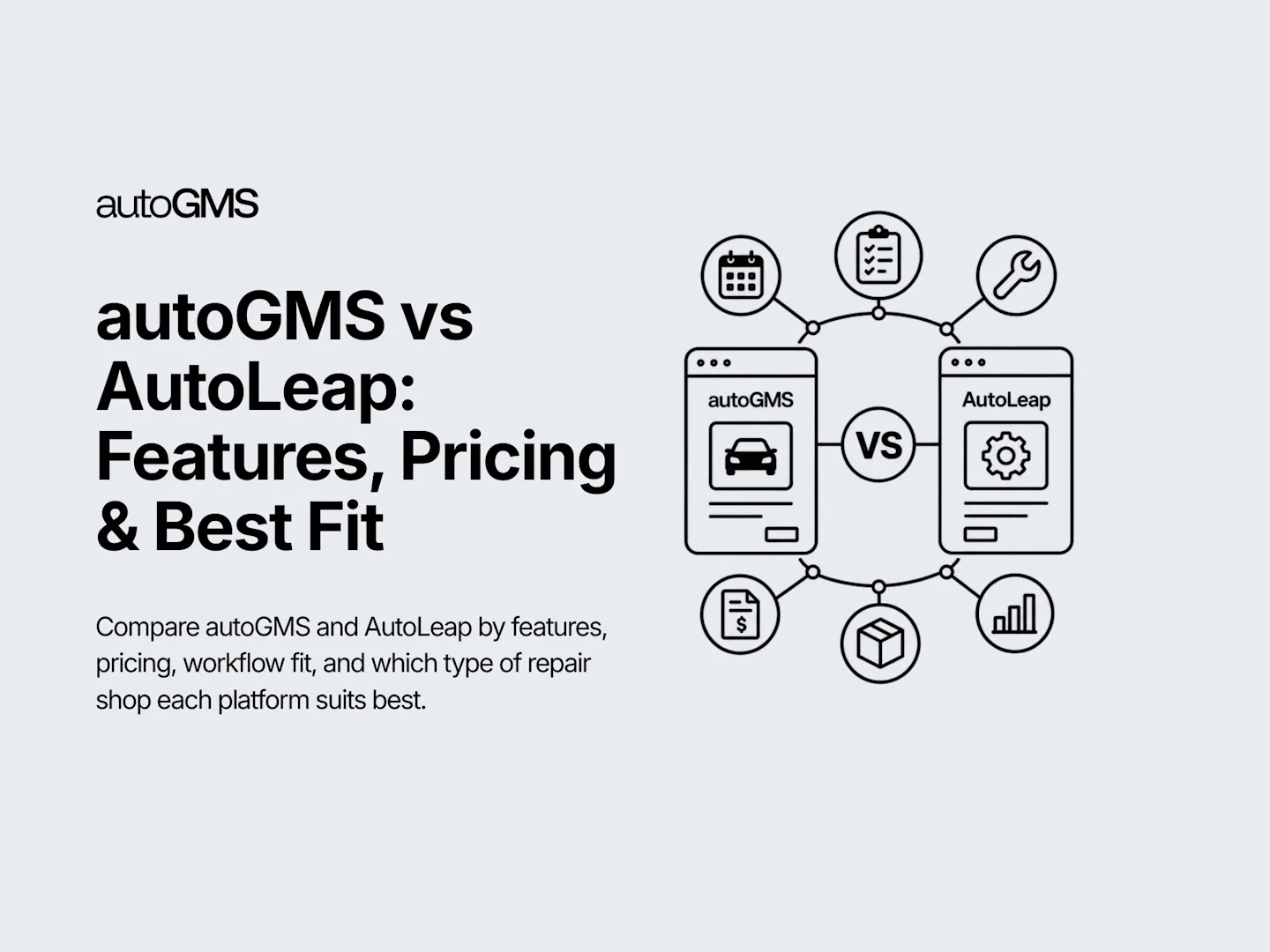 autoGMS vs AutoLeap comparison showing garage management software dashboards, pricing, features, and workflow differences for repair shops