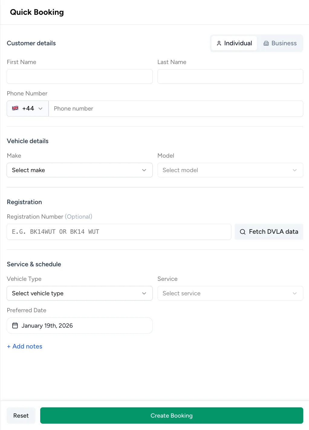 Quick Booking form showing customer details, vehicle details, service selection, and date picker