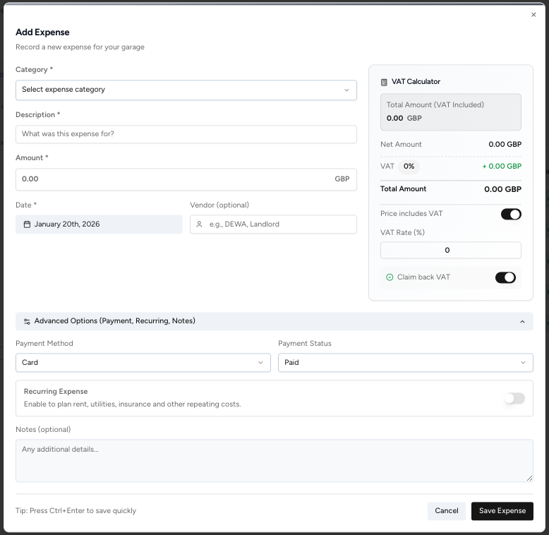 autogms add expense button